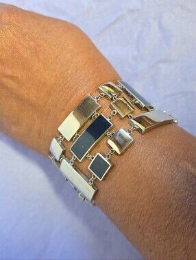 Vintage Swatch "Quadrilita" Black and Silver-tone Chain Links Bracelet